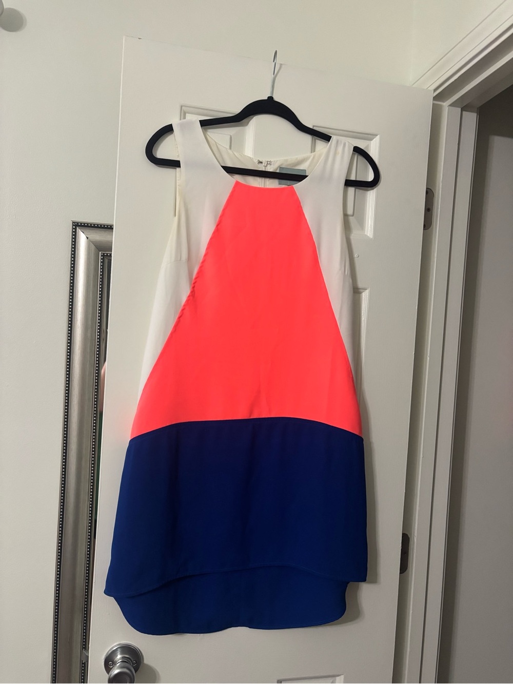 Skies Are Blue Neon Coral, White & Navy Colorblock Shift Dress